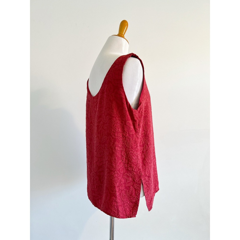 Vintage Red Silk Floral Textured Tank Top Jacquard Washed Silk Sleeveless Blouse - Picture 5 of 11